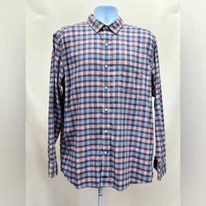 JOHNSTON‎ & MURPHY Navy, rust and white plaid long sleeve shirt size XL.